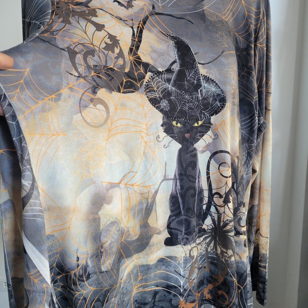 One World Top Witchy Gothic Cat High Low Hem Halloween Top (Size: XL) - Picture 7 of 15